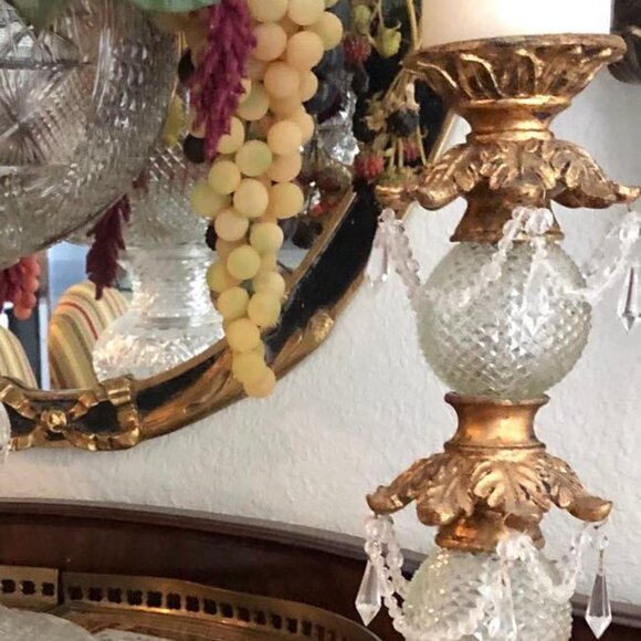 NWT ALEXANDRA'S ACCENTS Pair Antique Gold Cut Crystal Pillar Candle Holders 15" - Picture 4 of 10